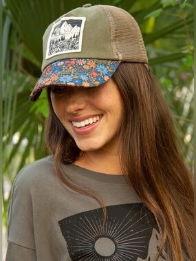 NATURAL LIFE Olive Mesh Mountains Trucker Hat with Blue & Orange Floral Brim